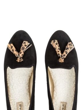 Birdies The Blackbird Black Suede Sherpa Lined Cheetah Tassel Loafers Sz 6
